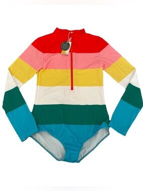 NWT Boden Colorful Stripe Long-Sleeve One-Pice Rashguard Swimsuit Kids 13-14Y